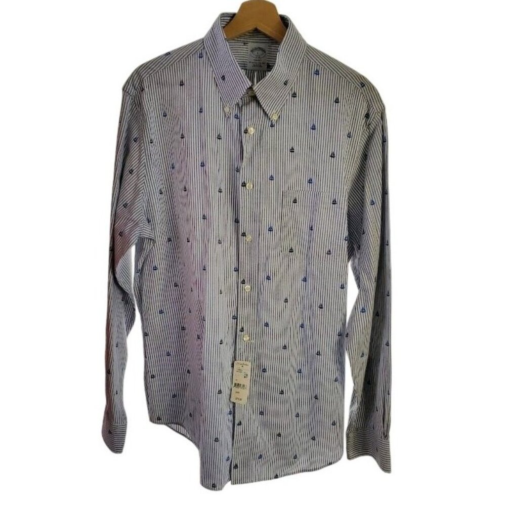 Brooks Brothers NWT Regent Sailboat Stripe Button Down Shirt Blue White Size L